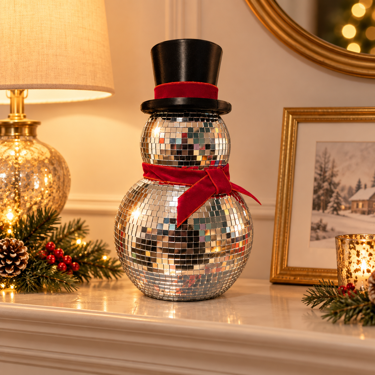 Mirror Ball Snowman shown on a tabletop for scale
