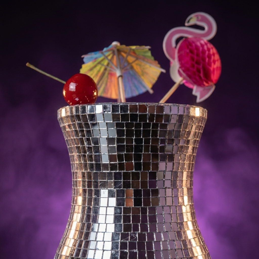 Disco mirror Pina Colada glass with tropical garnish