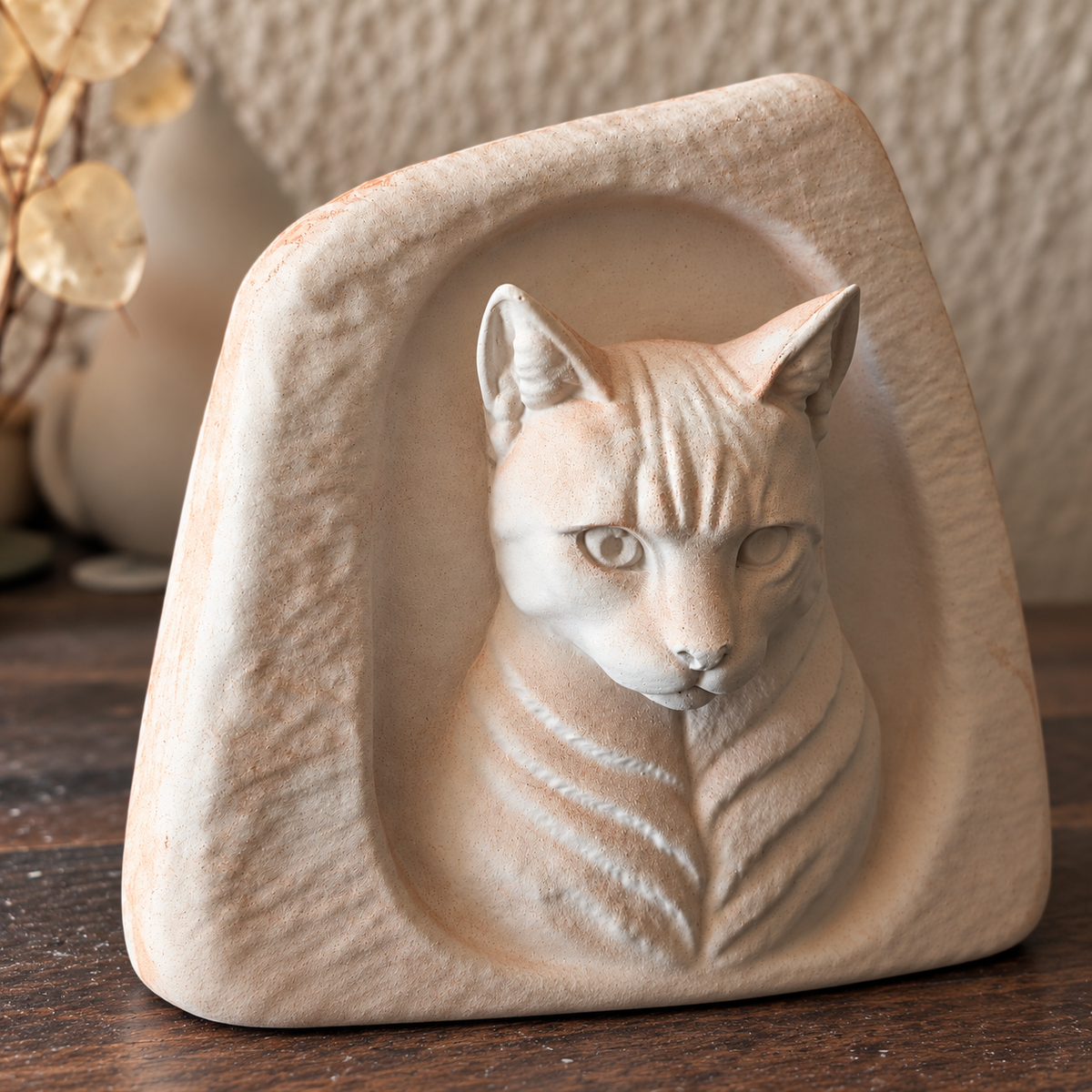 Close detail of sculpted cat face and textured frame