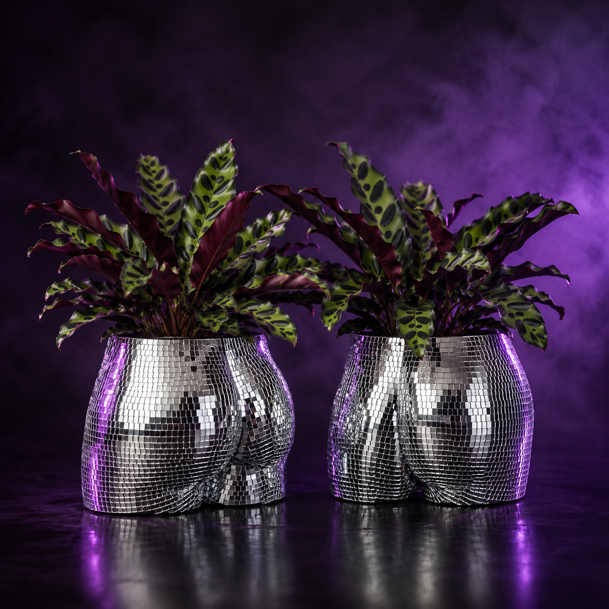 Pair of silver disco body planters with plants showing back view