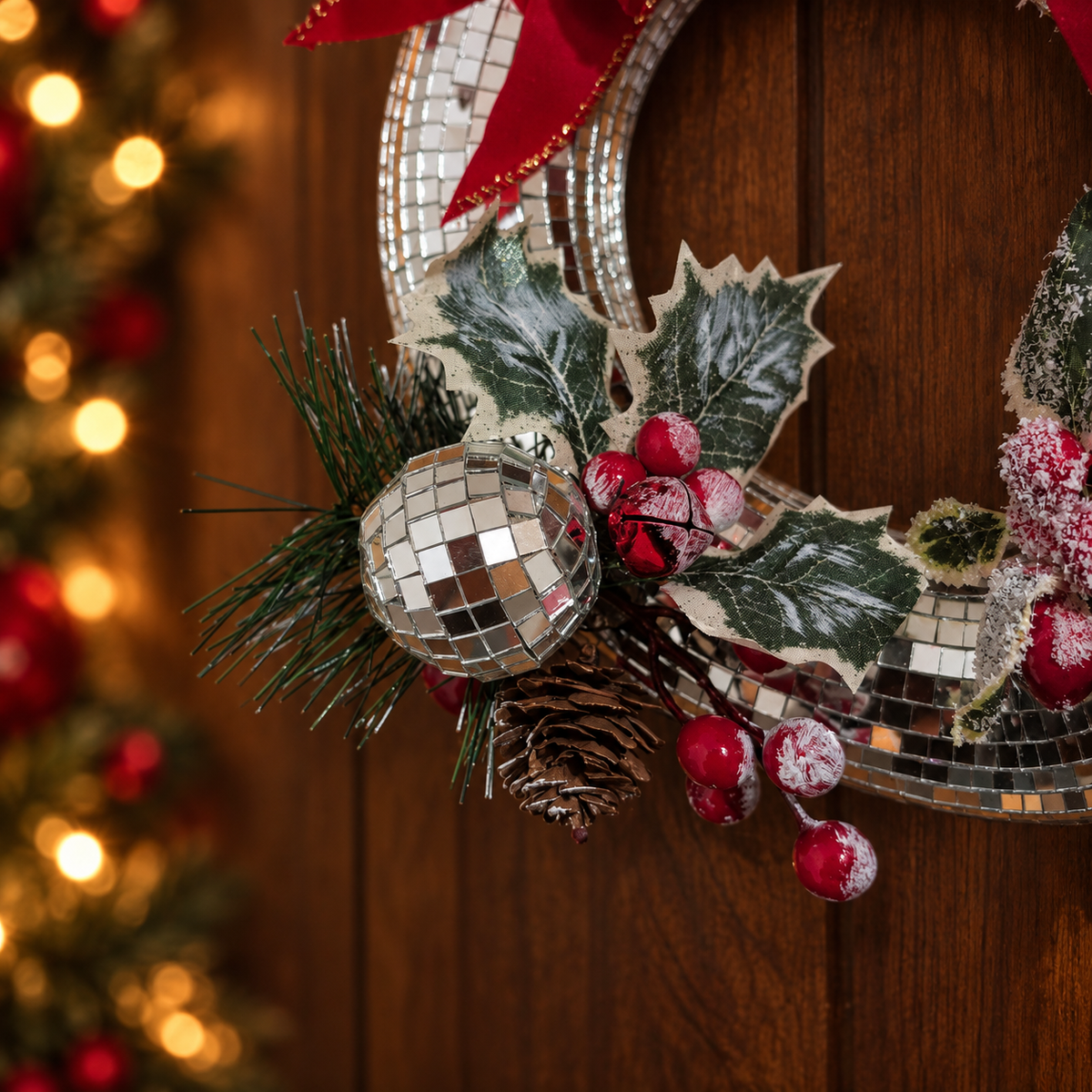 Mirror ball Christmas wreath: festive details