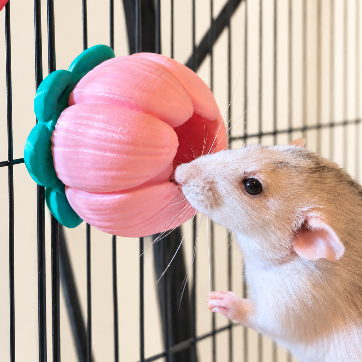 Tan and white rat investigating a pink flower forage cup mounted on the cage bars.