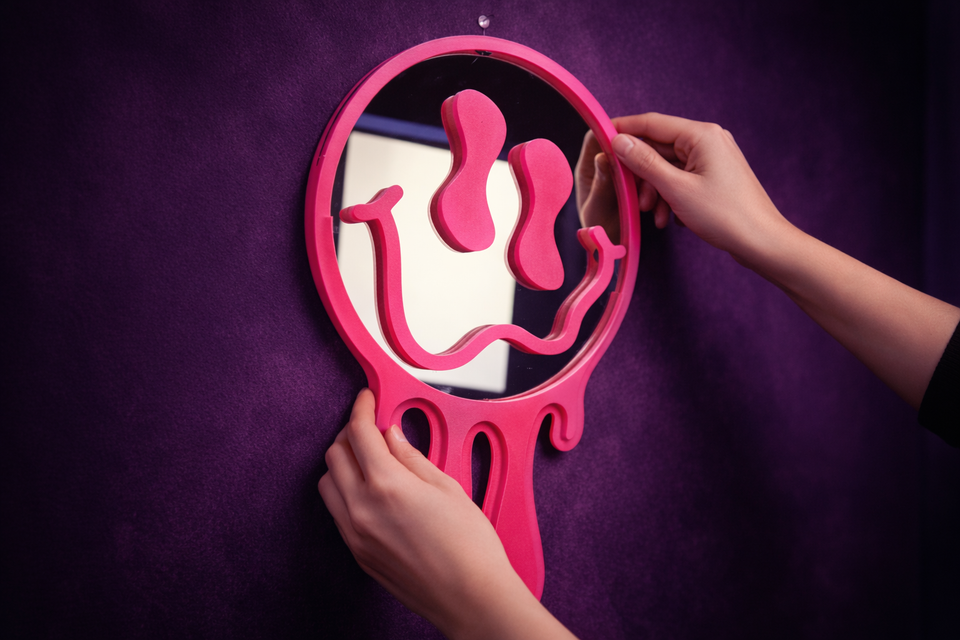 Hands positioning pink melting face mirror showing 20cm scale