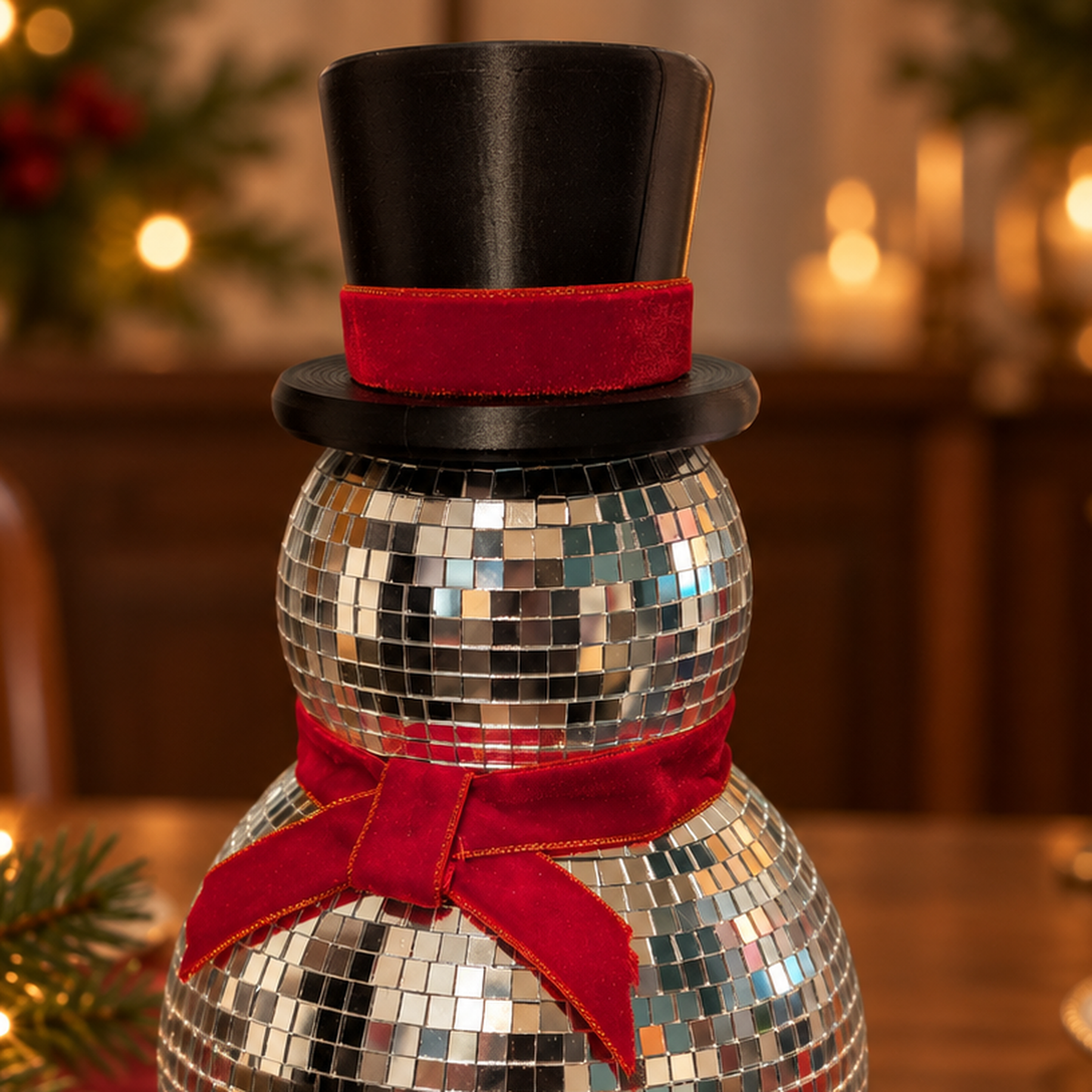Black top hat, red hat band and red neck bow detail