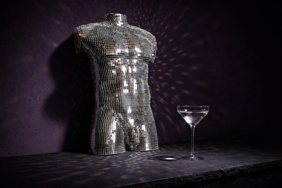After Hours mirror ball male wall art with cocktail glass lifestyle setting