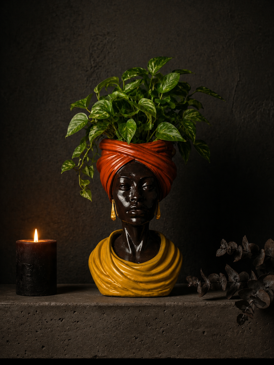 Golden Hour planter front lifestyle shot with candle and greenery