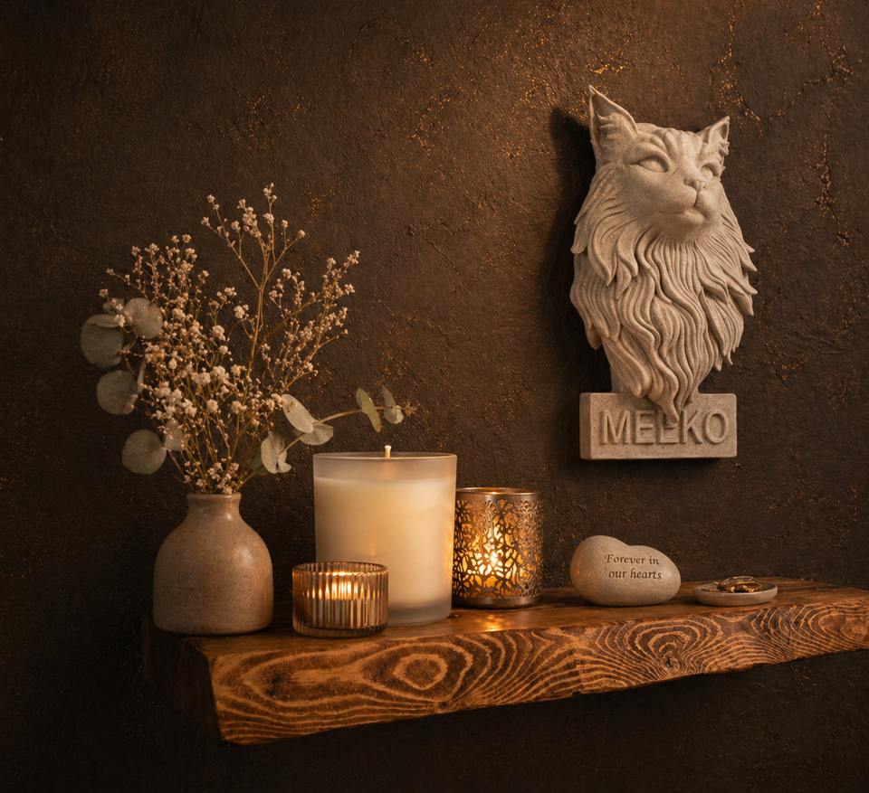 Pet memorial wall art displayed with candles and dried flowers