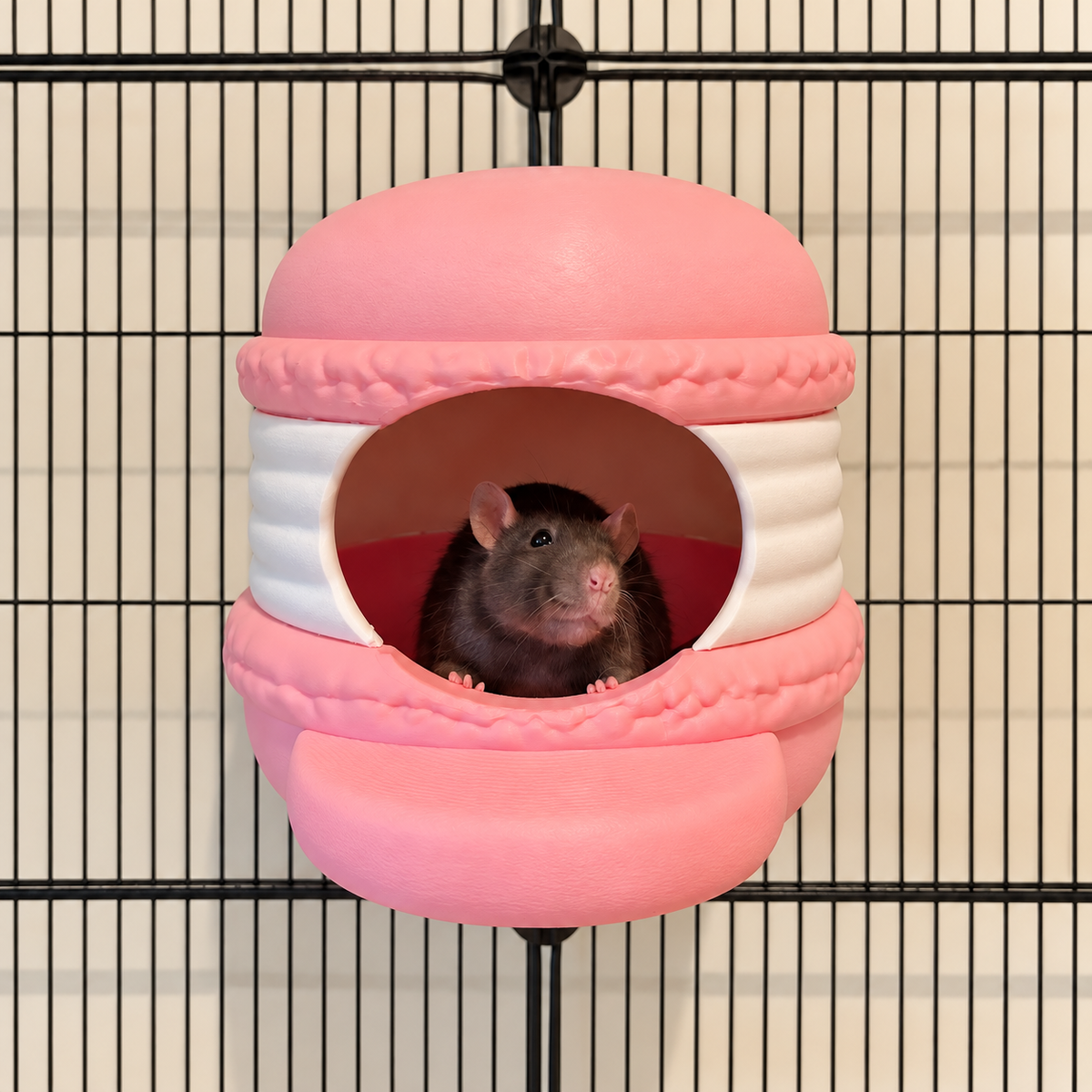 A dark rat peeks from the opening of a pink and white macaron hide.