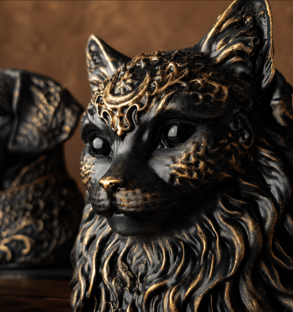 Close detail of custom cat planter with moon ornament and antique gold painted finish