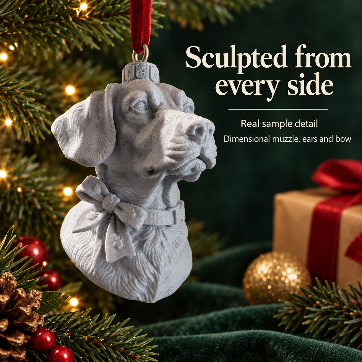 Alternate angle showing the sculpted detail of a personalised pet bauble