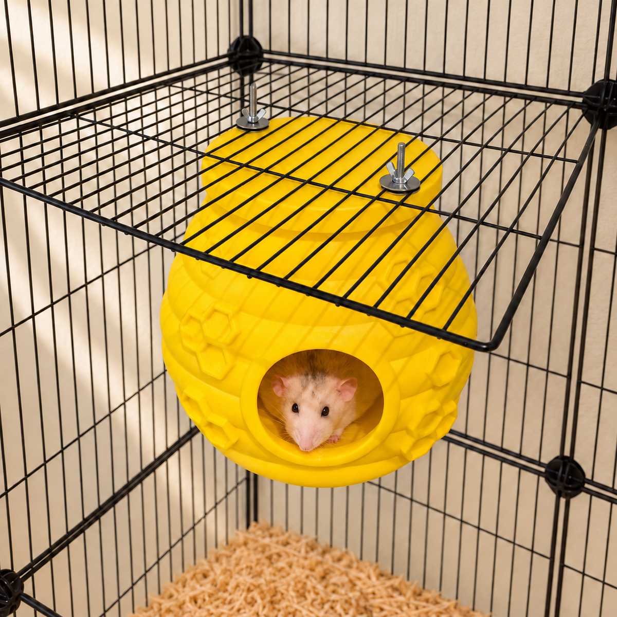 High-angle view of two metal fittings securing the yellow hive beneath the cage roof, with a rat at the entrance.