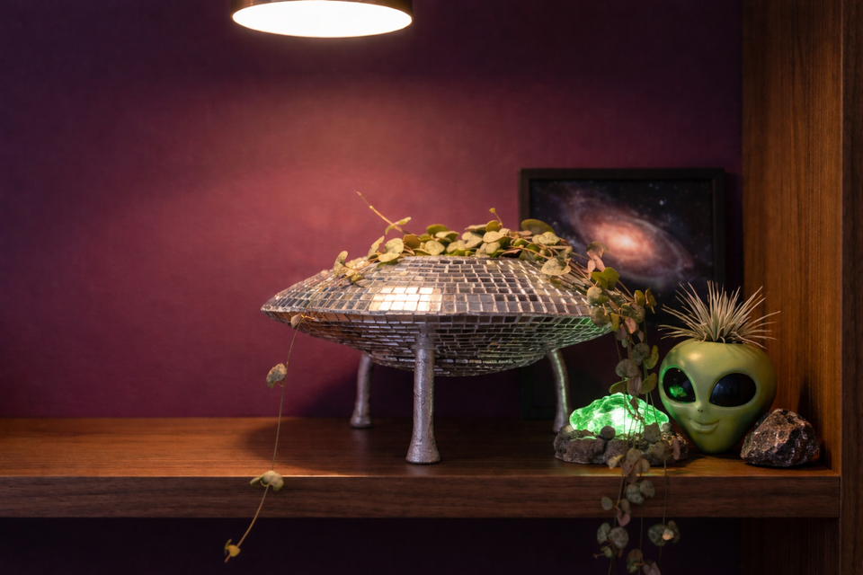 The Mothership disco mirror ball hanging planter - 07-alien-shelf-2