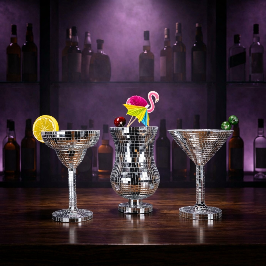 Three silver mirror cocktail glasses against a dark bar backdrop