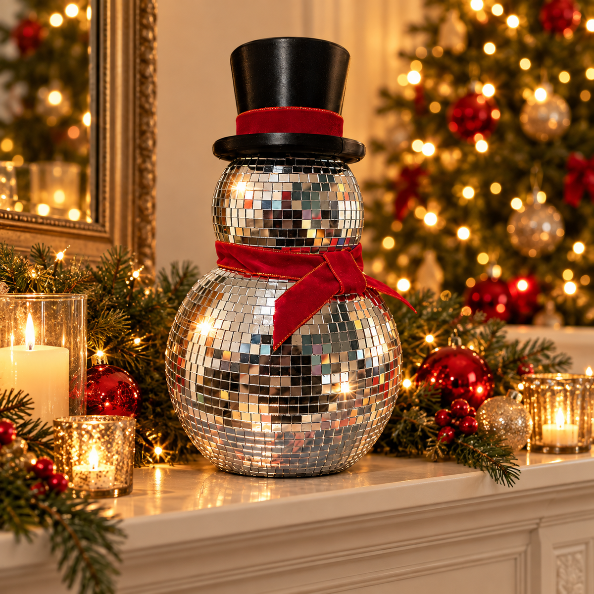 Silver mirror ball snowman in an indoor Christmas display
