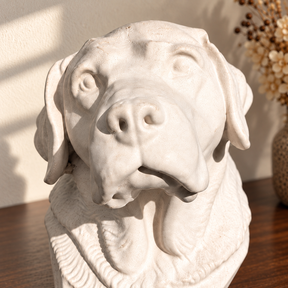 Close view of Labrador muzzle, sculpted eyes and off-white surface