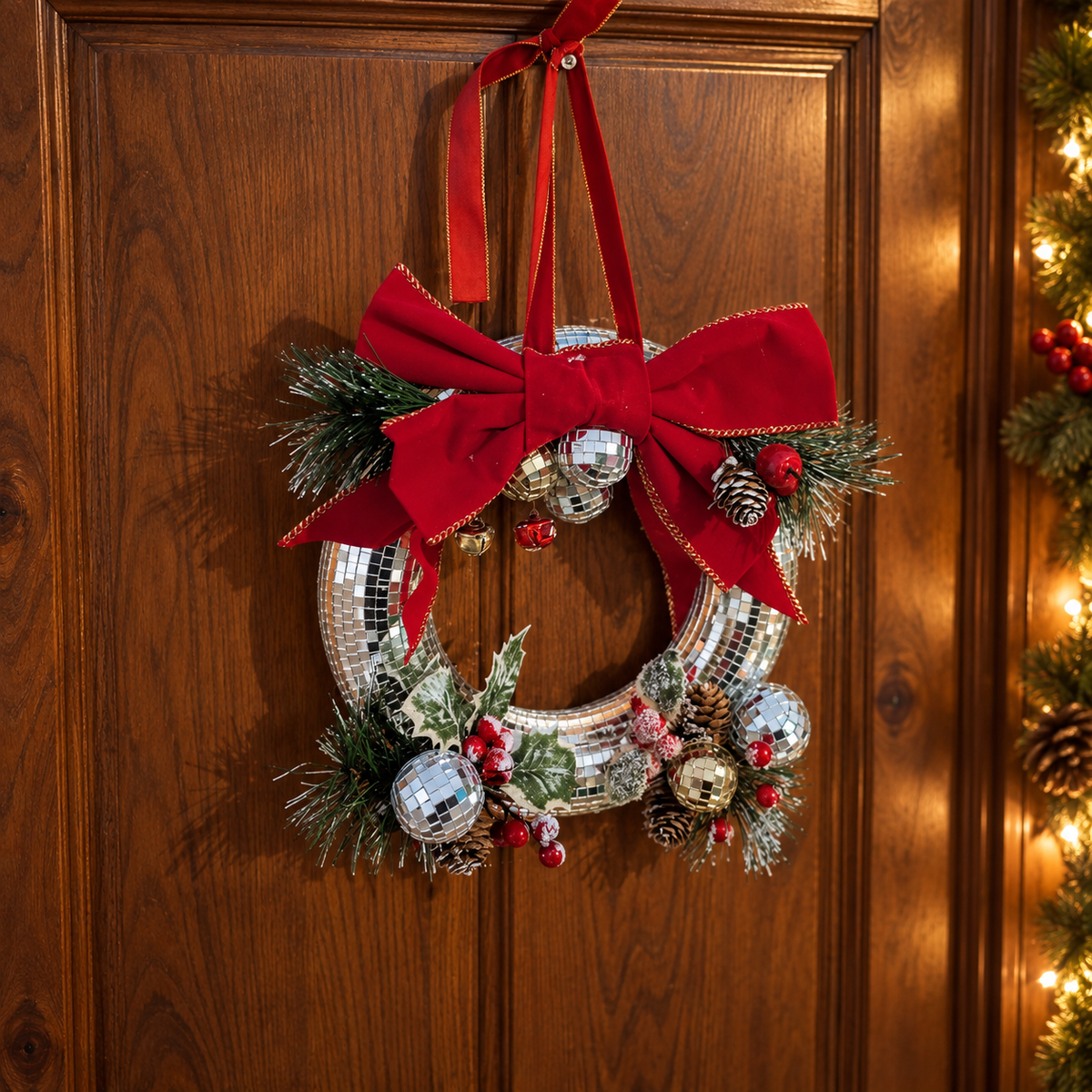 Mirror ball Christmas wreath: higher view and ribbon