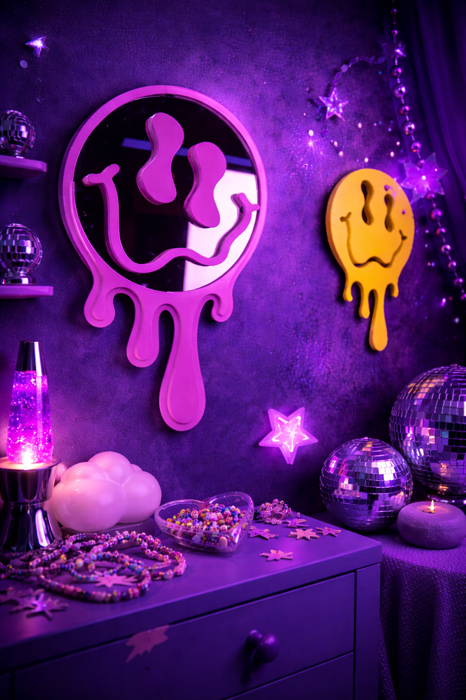 Neon drip mirrors displayed in purple room with disco ball decor