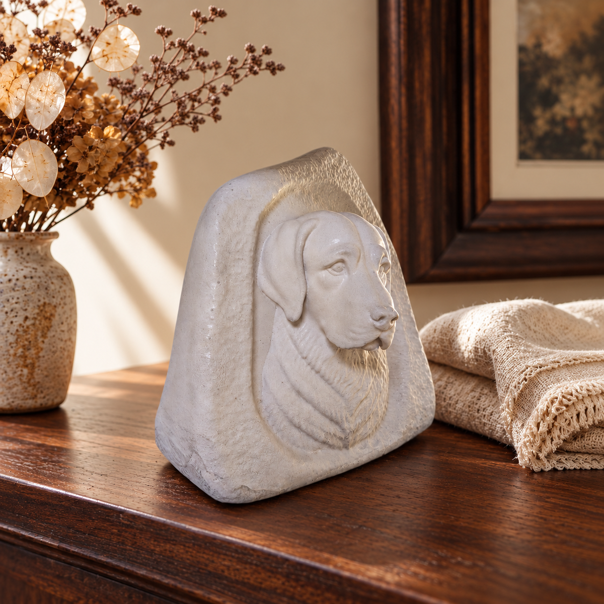 Dog portrait memorial stone displayed on walnut mantel