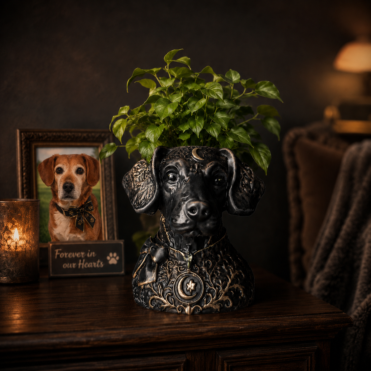 Custom dog plant pot styled as a pet memorial planter with greenery