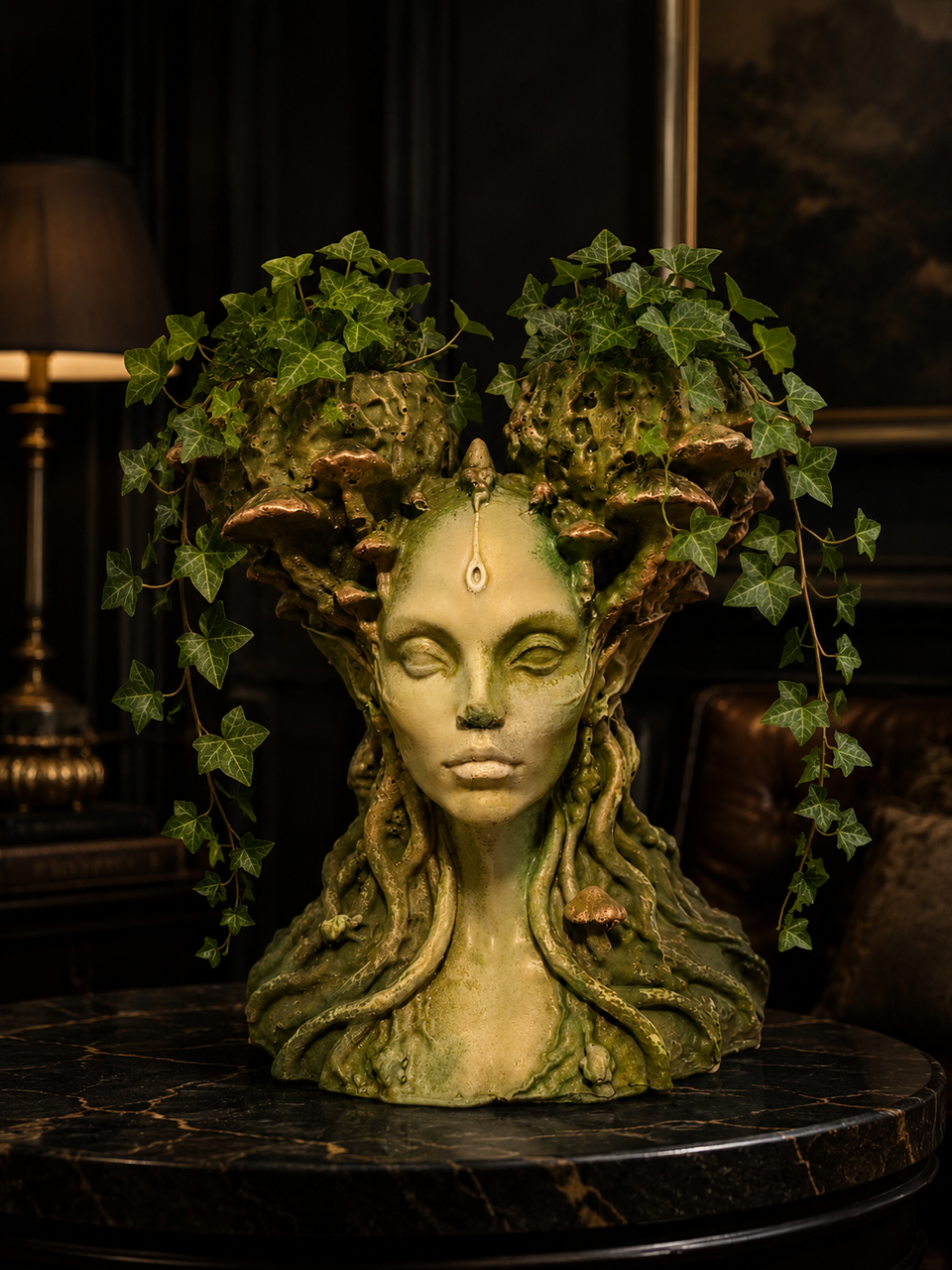 Mycelia mushroom head planter styled with trailing ivy