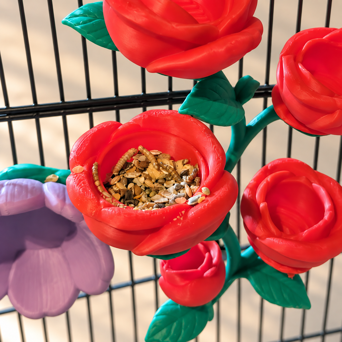 Close angled view into a red rose cup holding a little forage
