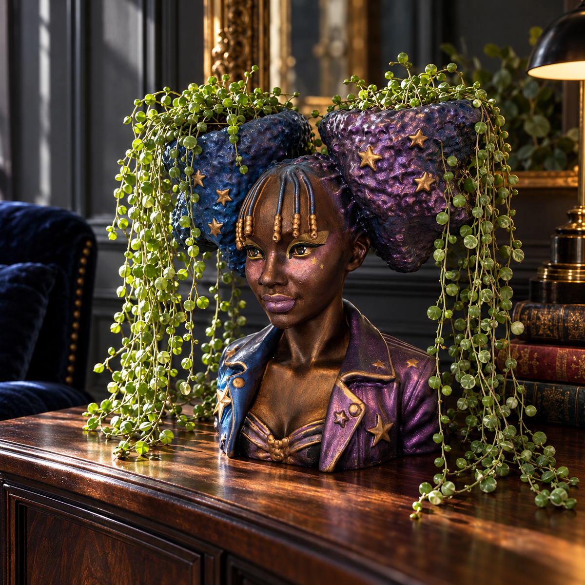 Star Afro head planter with cordlike trailing foliage on a dark walnut console beside a brass lamp.