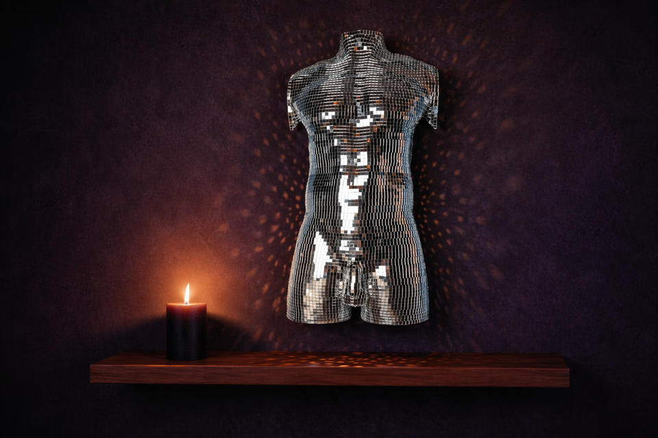 After Hours mirror ball male wall art with candle shelf lifestyle