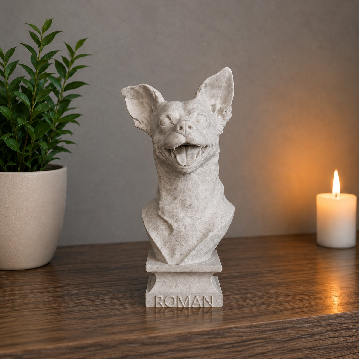 Warm Marble Grey custom dog bust with engraved base