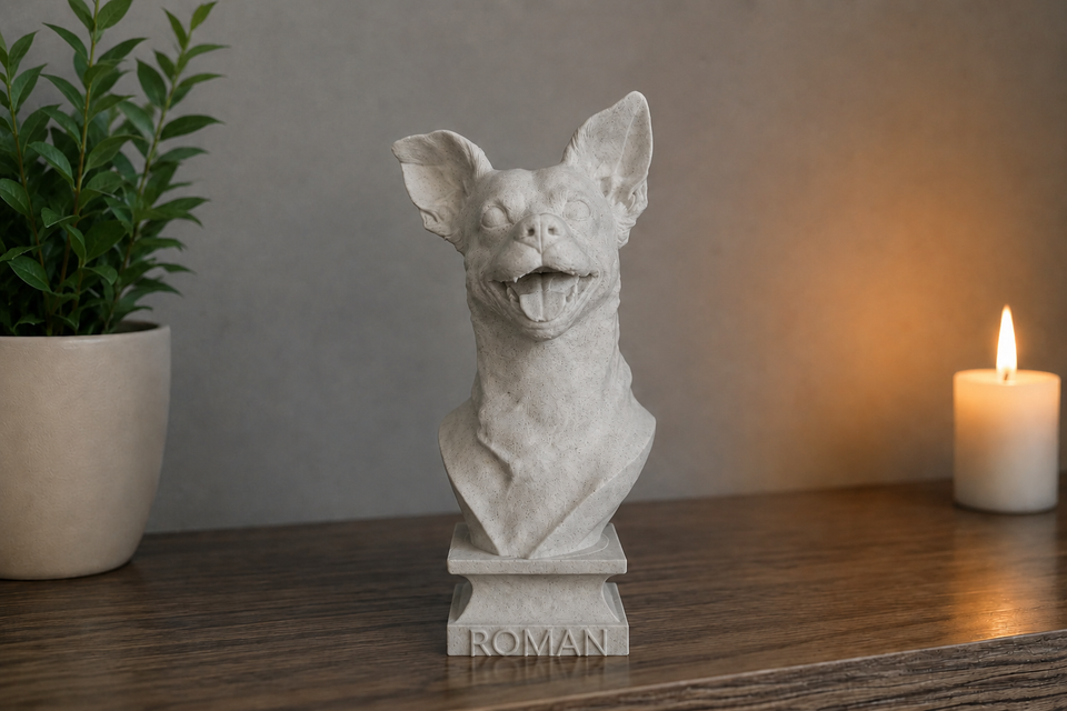 Warm Marble Grey custom dog bust with engraved base