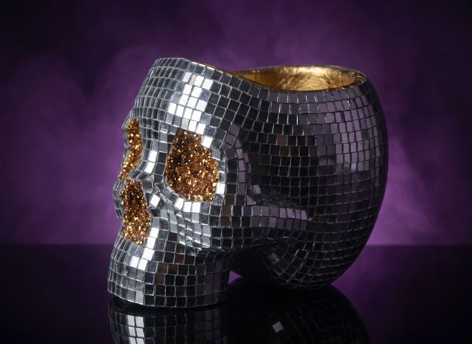 Afterglow - Disco Ball Skull Planter - scale view | Ripleys Nest