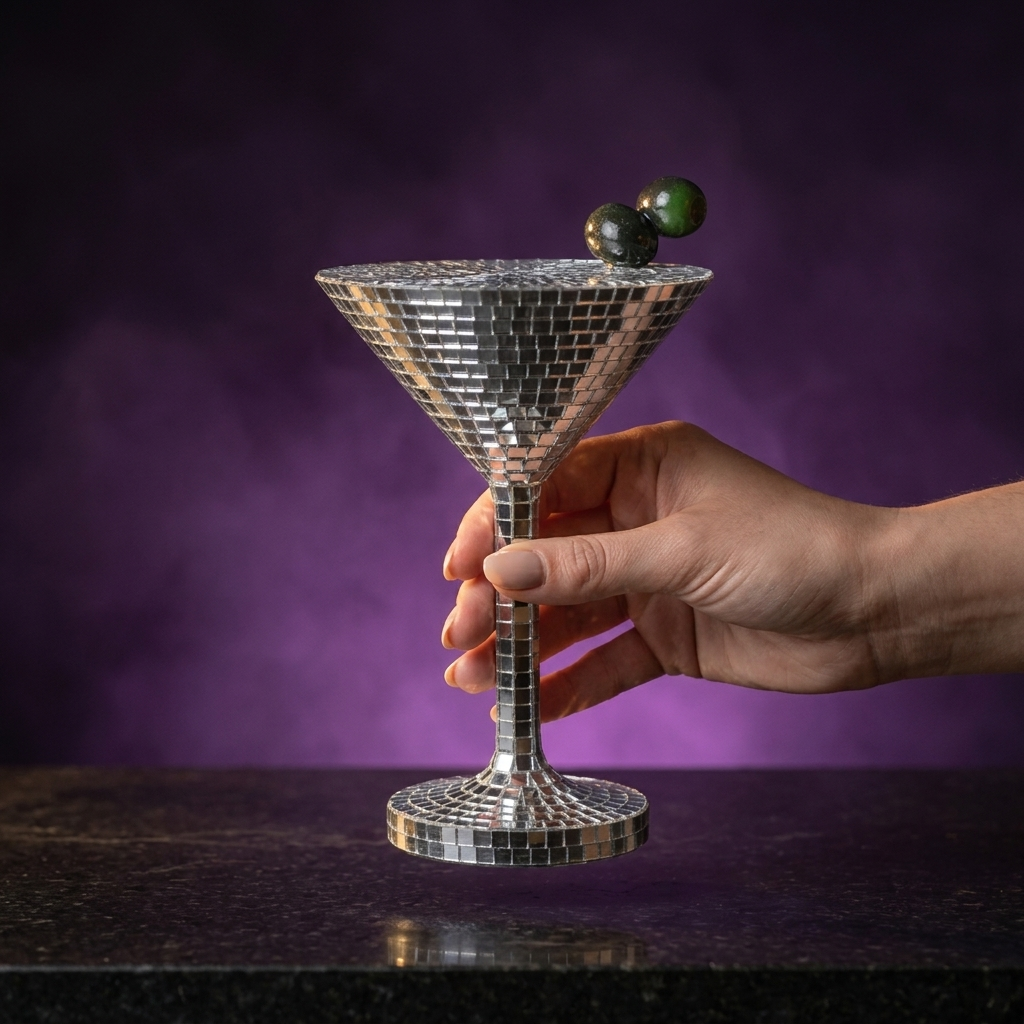 Disco mirror martini glass with olive detail