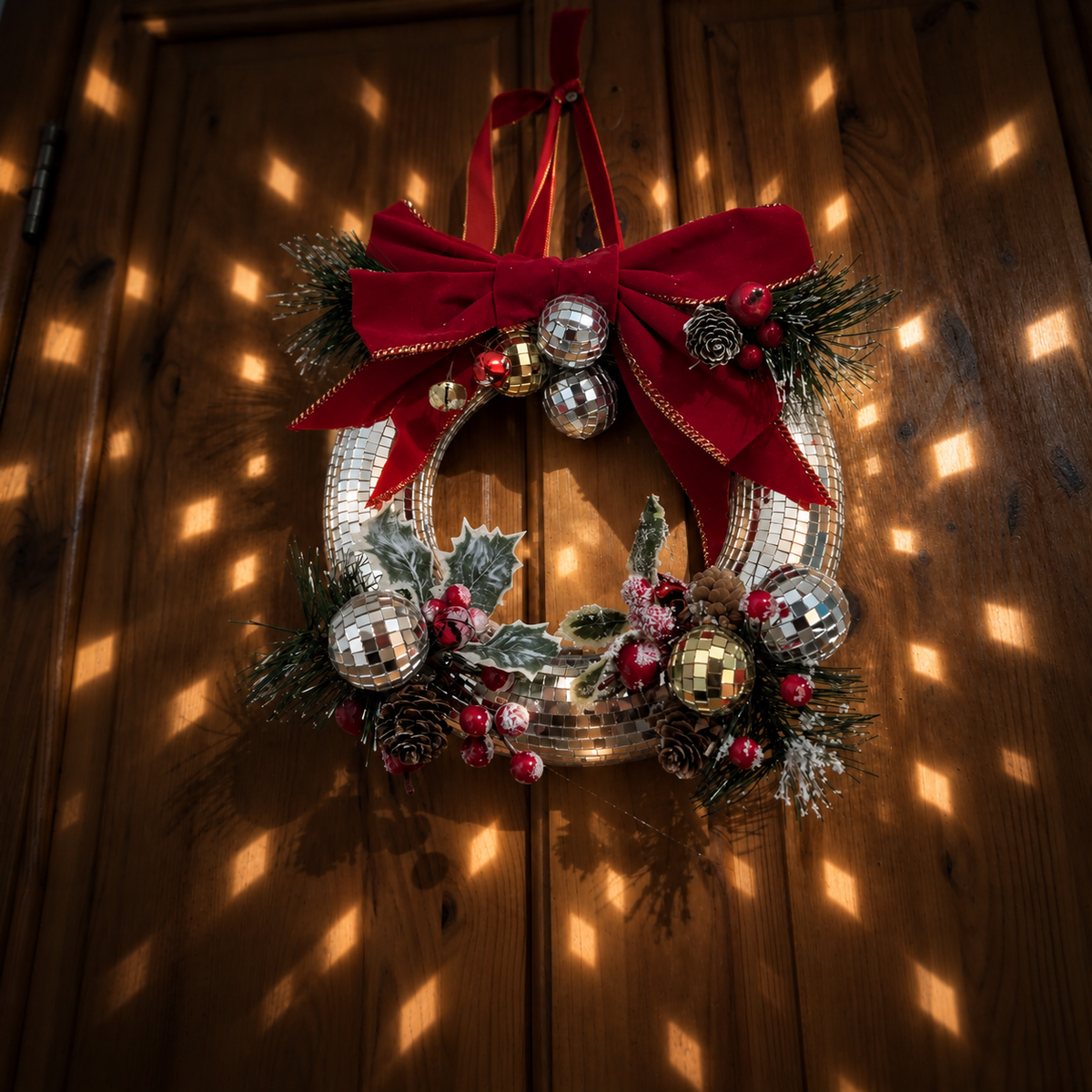 Mirror ball Christmas wreath: evening reflections