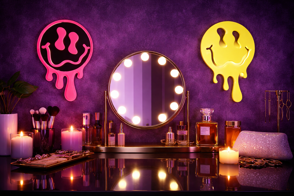 Both neon mirrors displayed on vanity with purple mood lighting