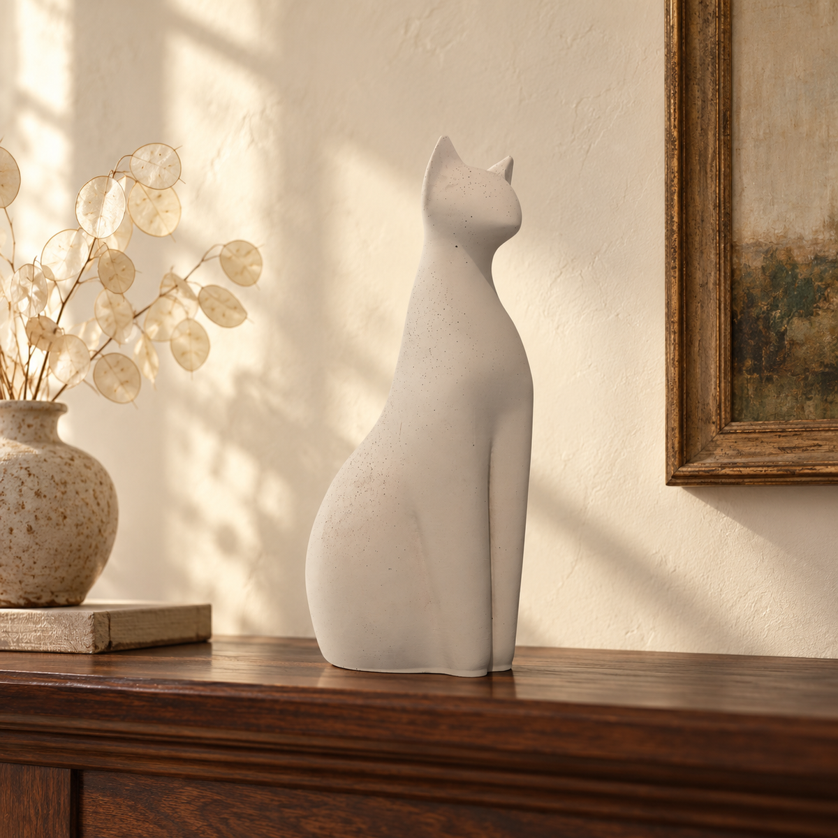 Pale modernist cat urn, indoor mantel context.
