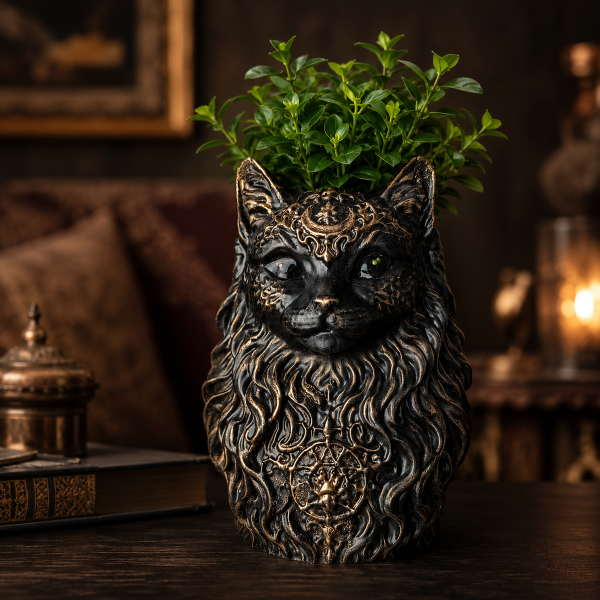 Custom cat plant pot with green plant in gothic home decor setting