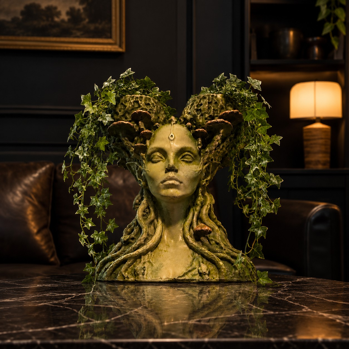 Mycelia gothic face plant pot styled with trailing greenery