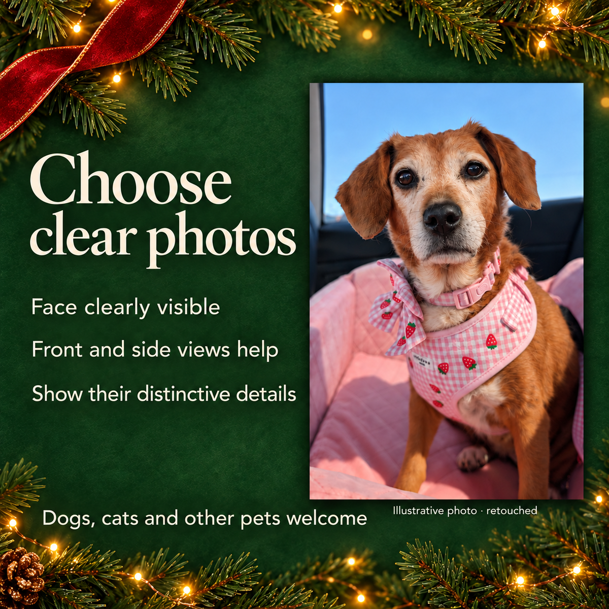 Christmas photo guidance with an explicitly labelled retouched illustrative pet photo