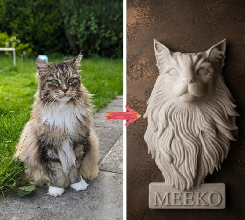Example showing a pet photo transformed into a personalised memorial wall sculpture