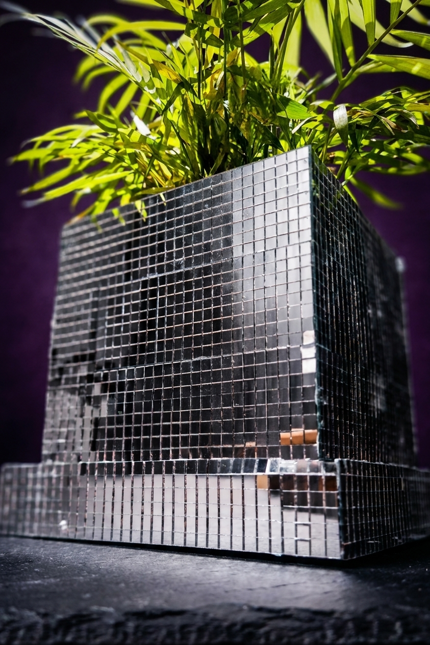 Close-up of mirror tile disco cube planter with palm fronds