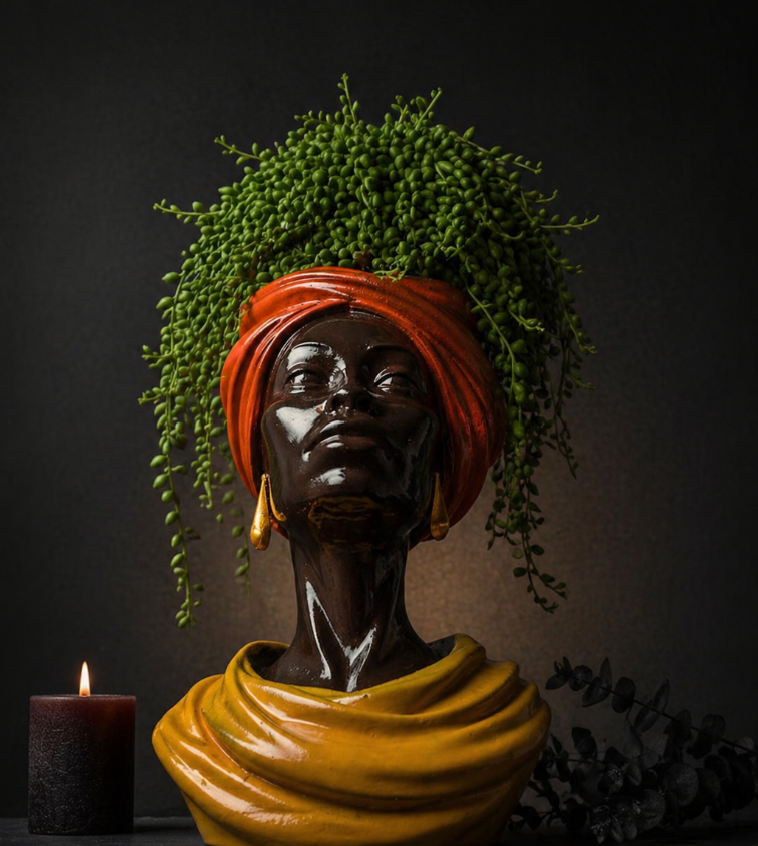Golden Hour cast stone female bust planter detail