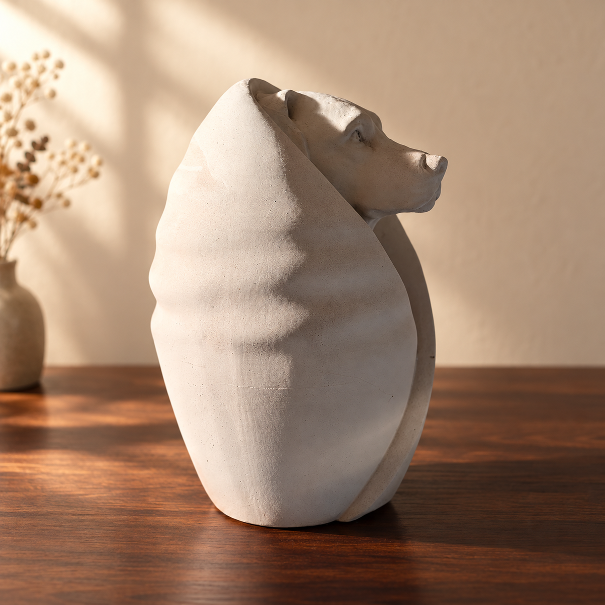 Side silhouette of wrapped dog urn