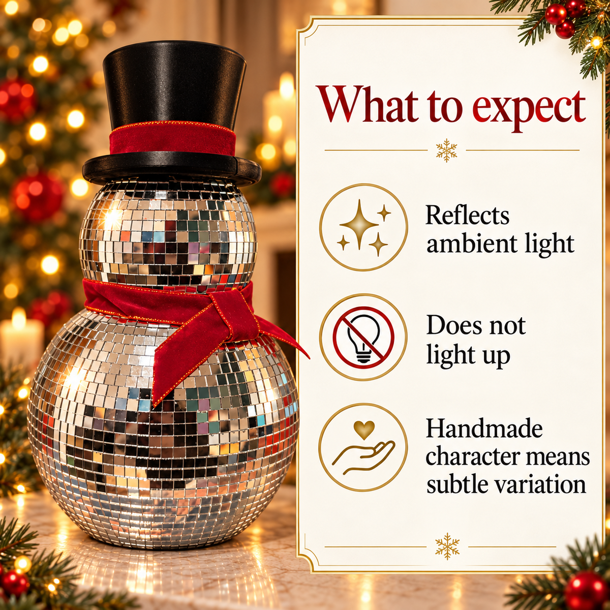 What to expect: reflects ambient light, does not light up, handmade finish varies