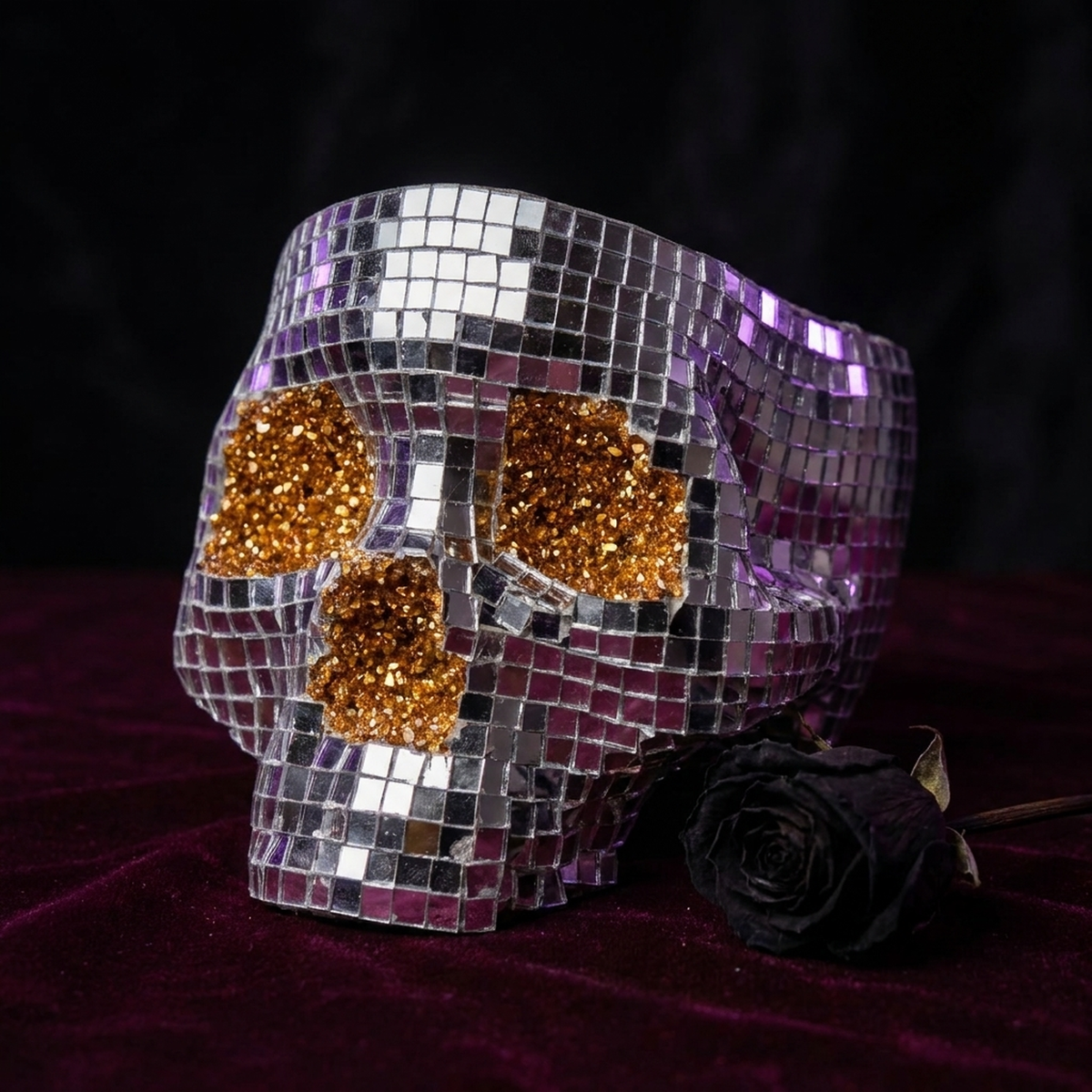 Front view of an unplanted disco skull planter against black velvet with a dark rose