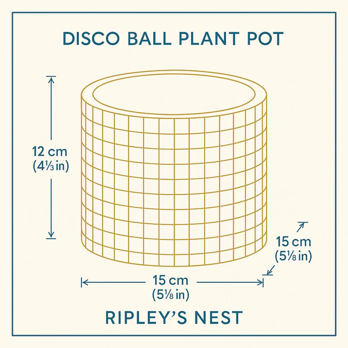 Large disco ball plant pot diagram showing 12 cm height and 15 cm width and depth