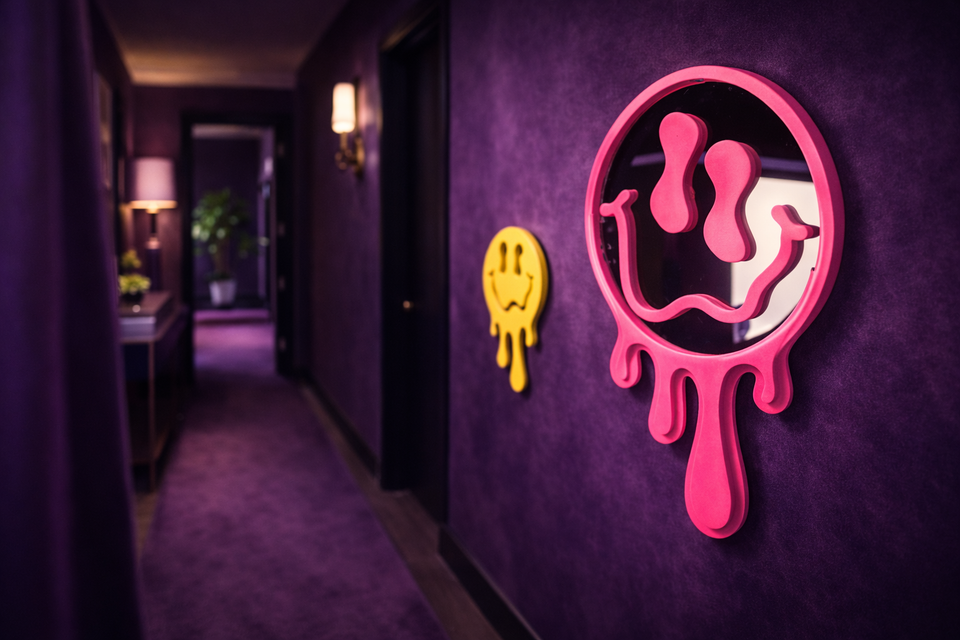 Pink neon drip mirror on dark purple hallway wall