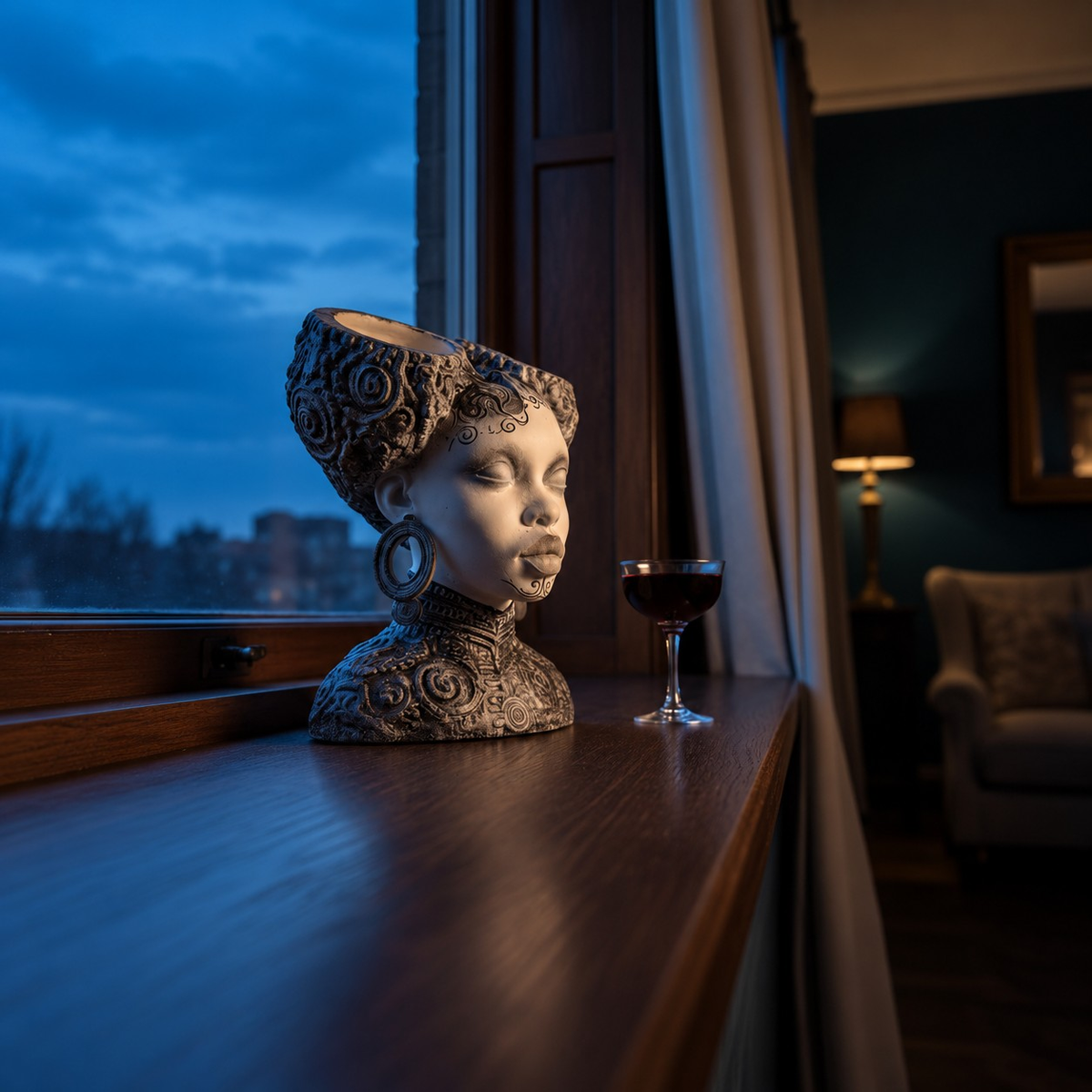 Necronomia head planter on a blue-lit windowsill beside a dark drink