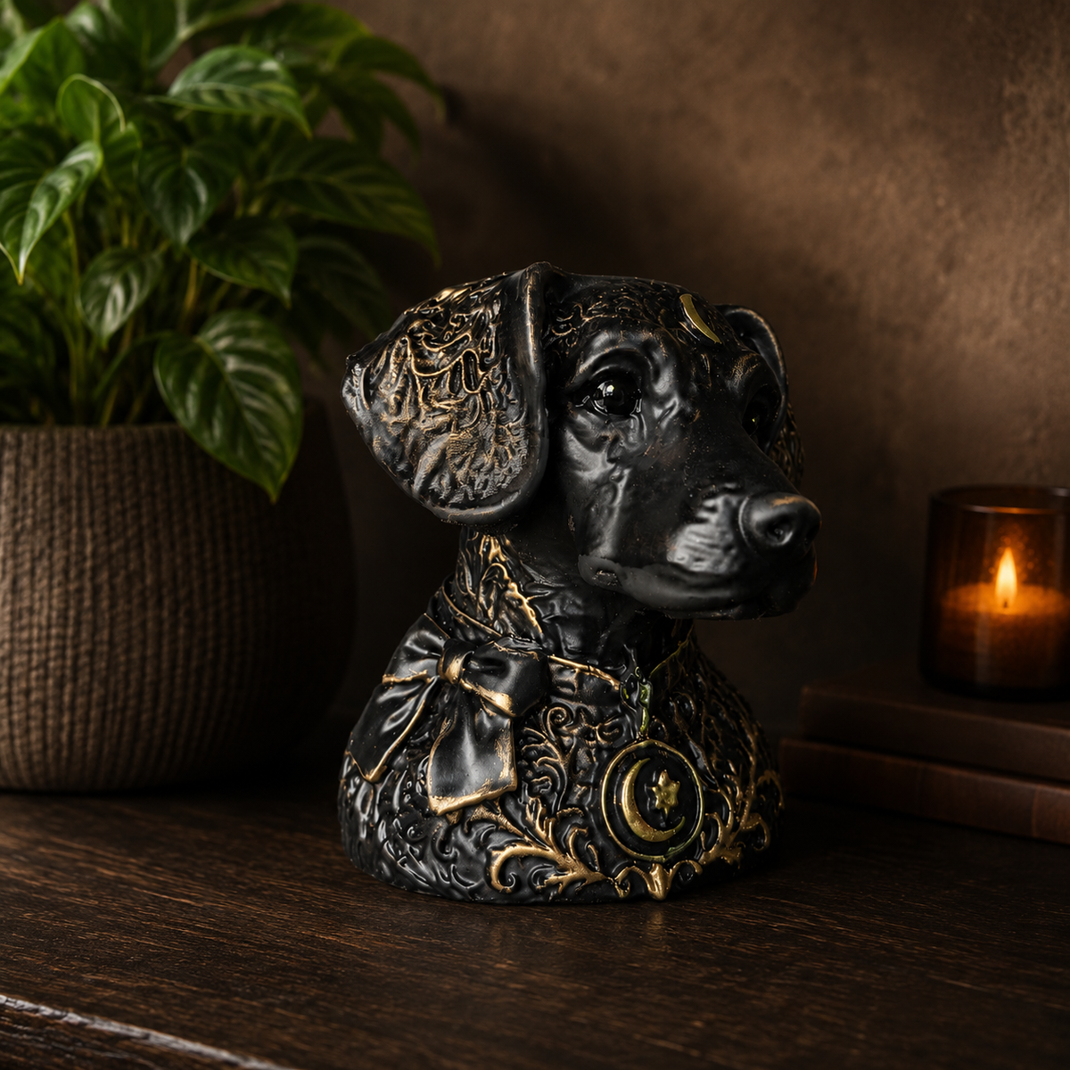 Custom dog plant pot three quarter view with crescent moon collar detail