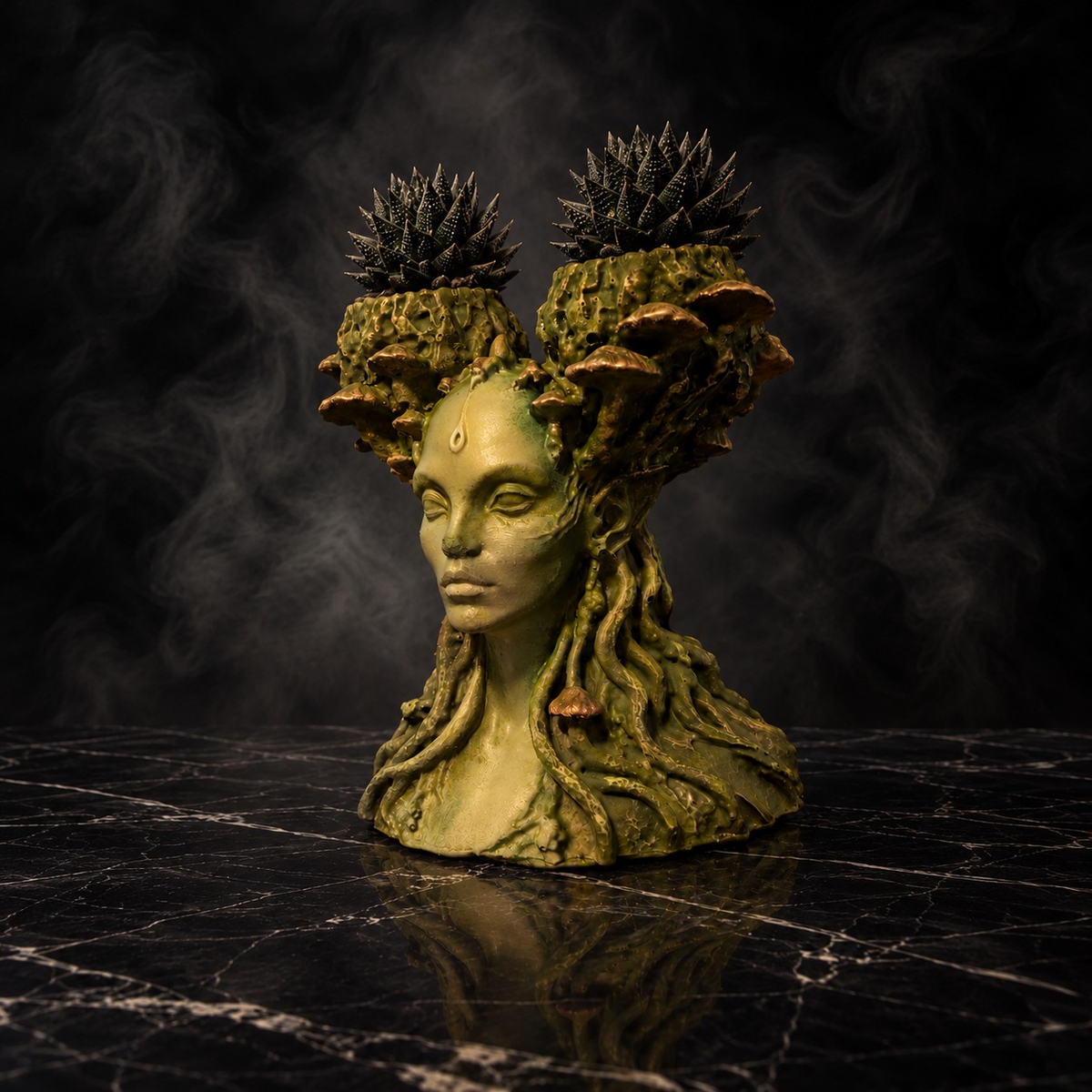 Side view of Mycelia cast stone fungal faerie planter