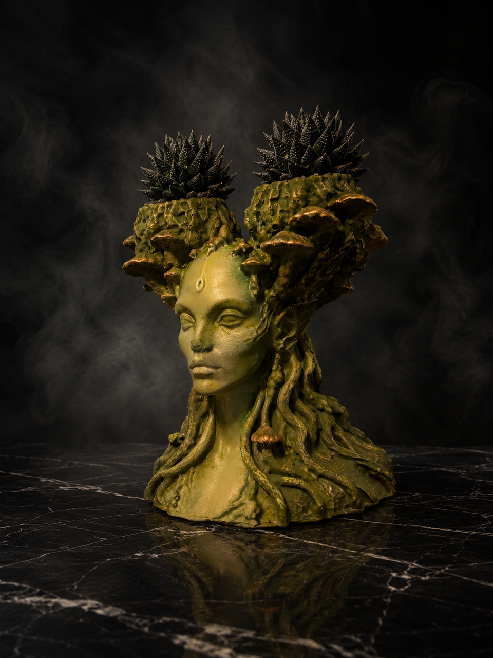 Side view of Mycelia cast stone fungal faerie planter