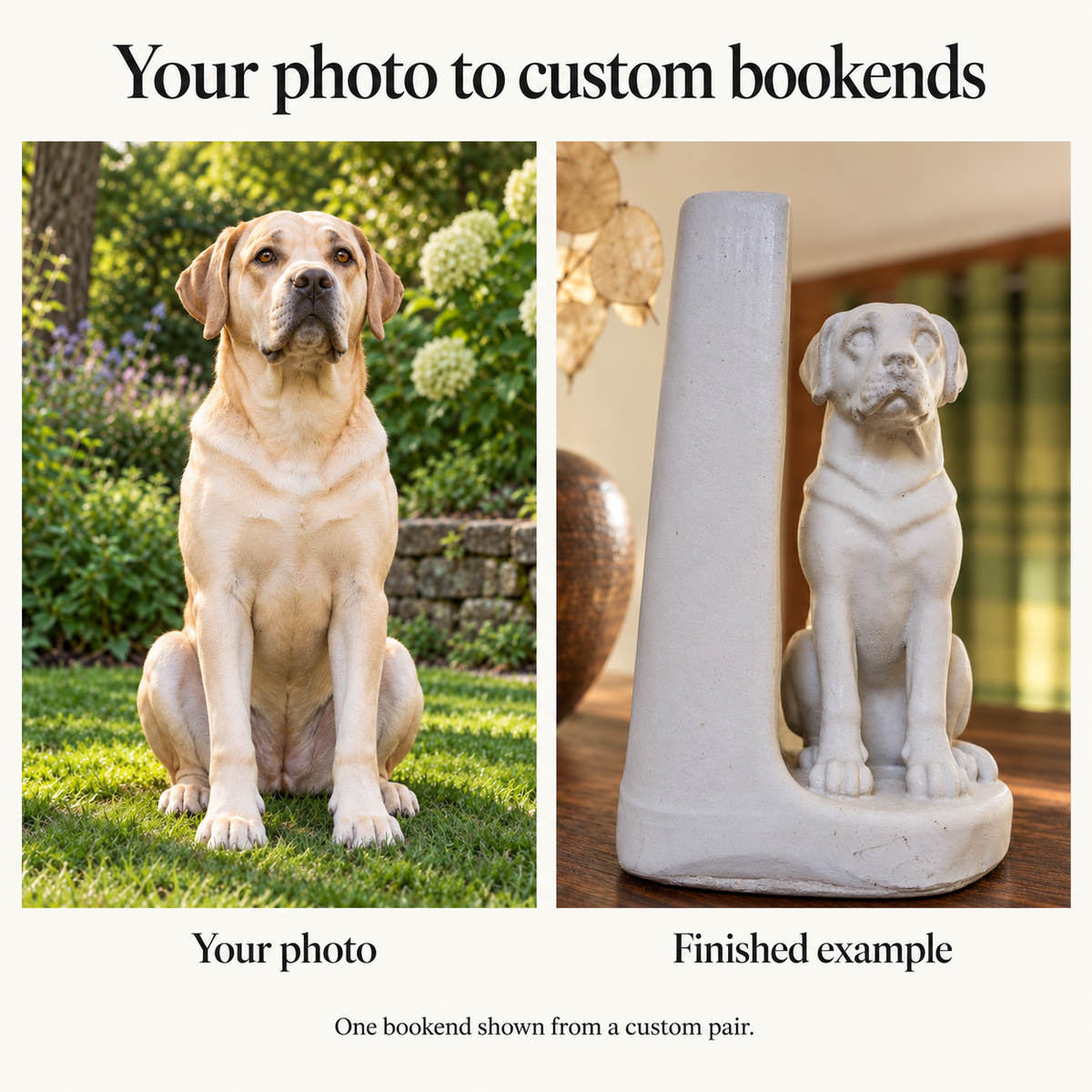 Labrador photo beside its matching custom single bookend, showing personalisation